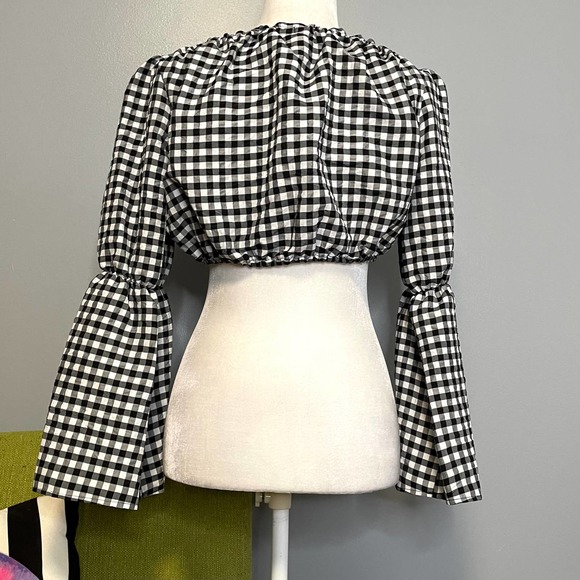 TOPSHOP Black White Gingham Plaid Puff Sleeve Crop Top NEW 6P Petite - Picture 6 of 6